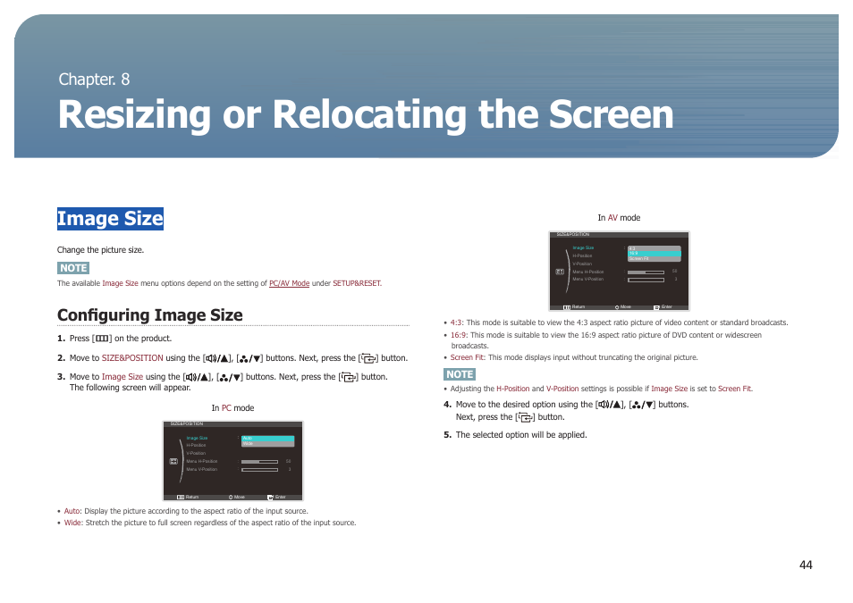 Chapter. 8, Resizing or relocating the screen, Image size | Configuring image size, Chapter. 8 resizing or relocating the screen | Samsung LS27B971DS-ZA User Manual | Page 44 / 70