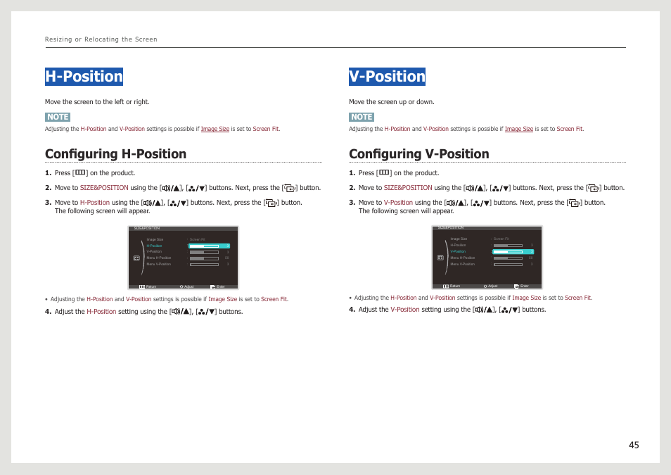 H-position, Configuring h-position, V-position | Configuring v-position | Samsung LS27B971DS-ZA User Manual | Page 45 / 70