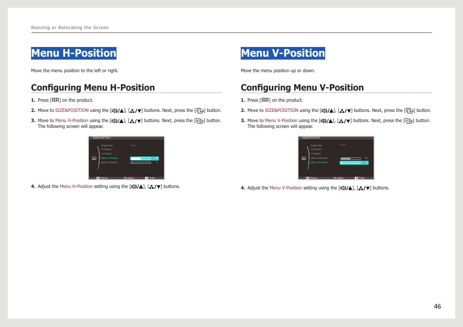 Menu h-position, Configuring menu h-position, Menu v-position | Configuring menu v-position | Samsung LS27B971DS-ZA User Manual | Page 46 / 70
