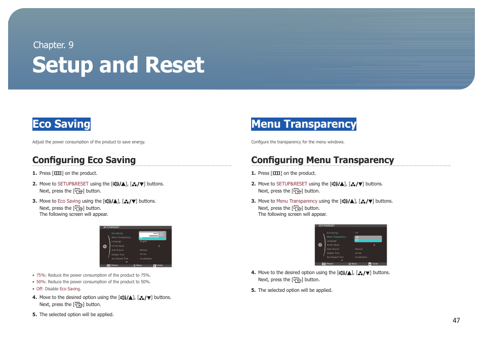 Chapter. 9, Setup and reset, Eco saving | Configuring eco saving, Menu transparency, Configuring menu transparency, Chapter. 9 setup and reset | Samsung LS27B971DS-ZA User Manual | Page 47 / 70