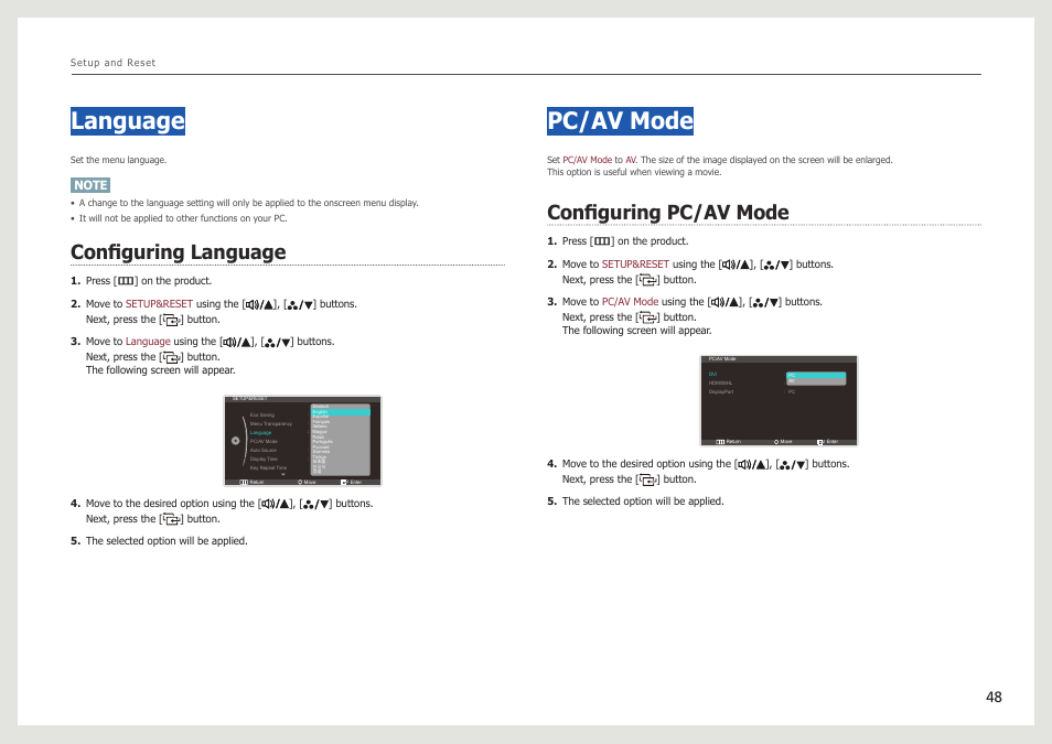 Language, Configuring language, Pc/av mode | Configuring pc/av mode, Menu. next, set | Samsung LS27B971DS-ZA User Manual | Page 48 / 70