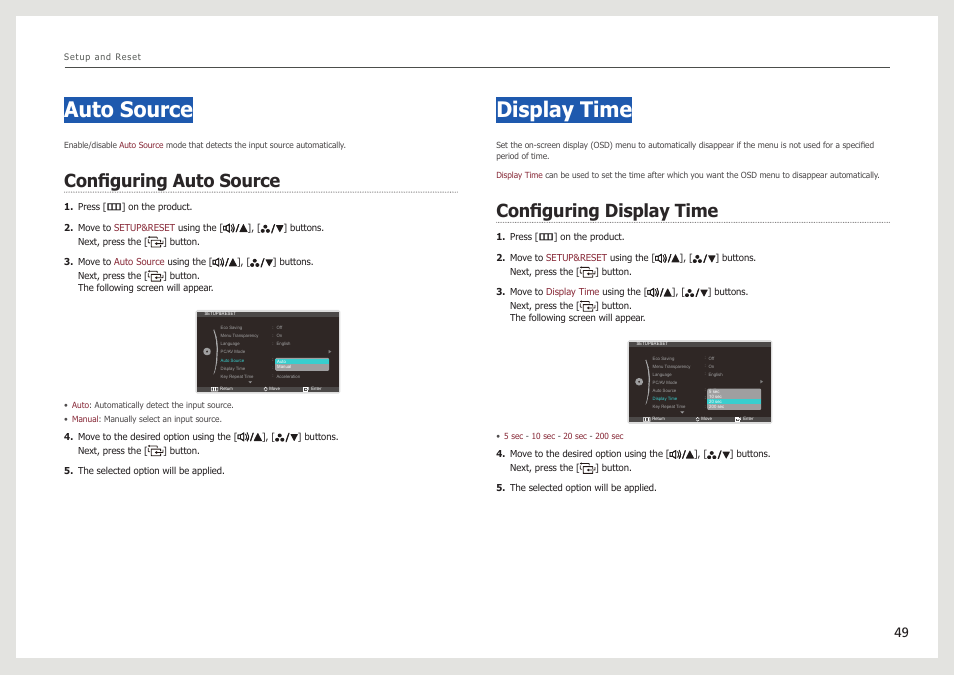 Auto source, Configuring auto source, Display time | Configuring display time | Samsung LS27B971DS-ZA User Manual | Page 49 / 70