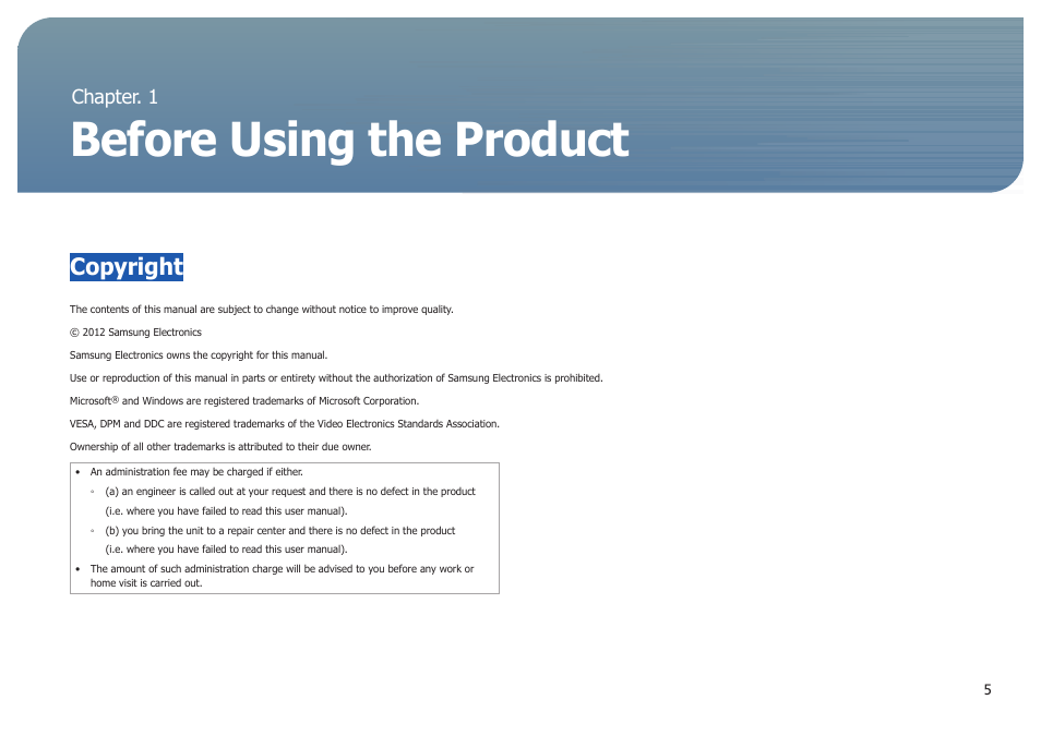 Chapter. 1, Before using the product, Copyright | Chapter. 1 before using the product | Samsung LS27B971DS-ZA User Manual | Page 5 / 70
