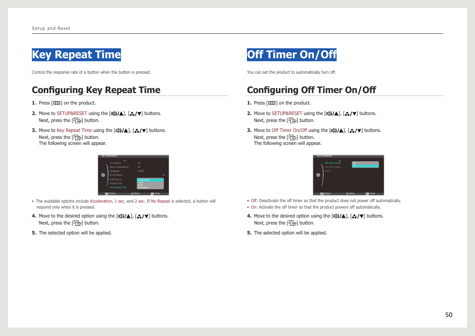Key repeat time, Configuring key repeat time, Off timer on/off | Configuring off timer on/off | Samsung LS27B971DS-ZA User Manual | Page 50 / 70