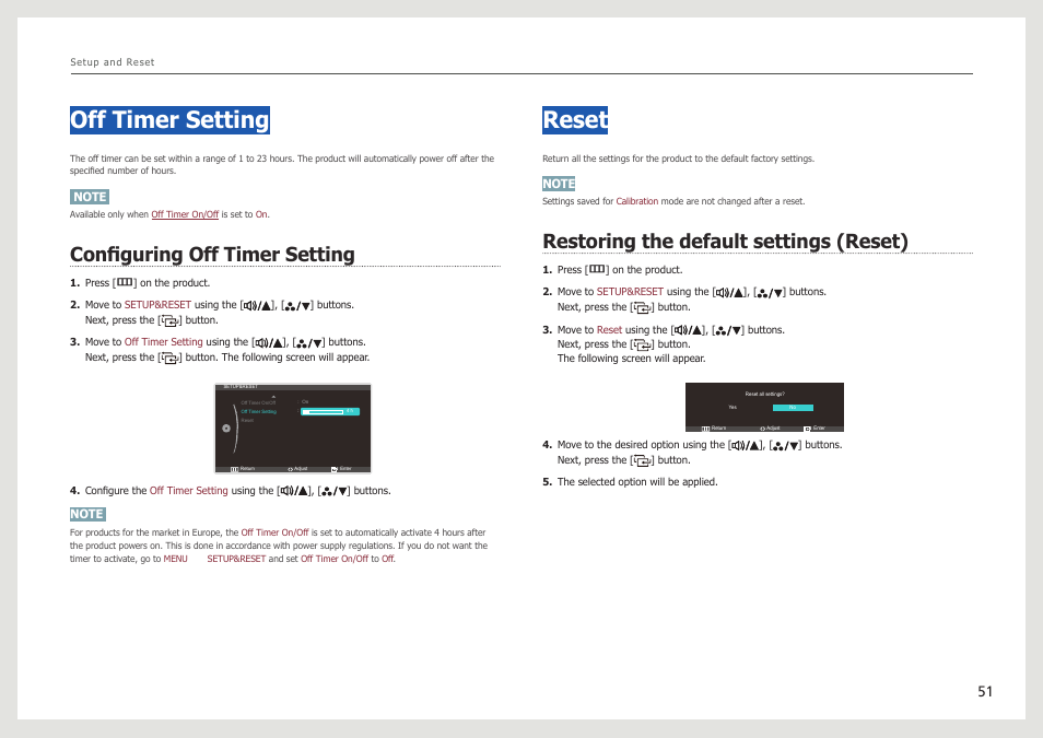 Off timer setting, Configuring off timer setting, Reset | Restoring the default settings (reset) | Samsung LS27B971DS-ZA User Manual | Page 51 / 70