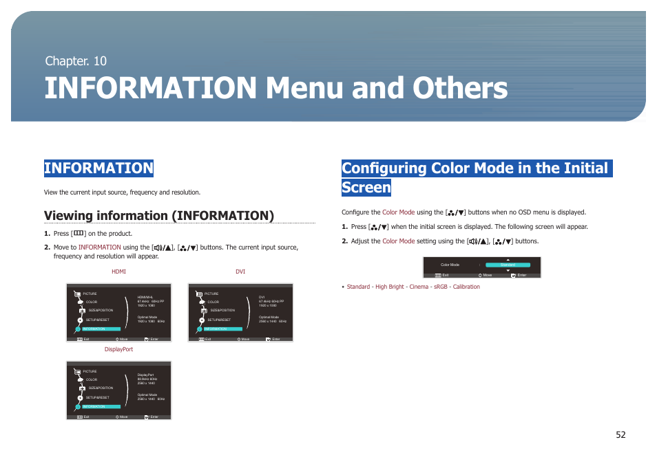 Chapter. 10, Information menu and others, Information | Viewing information (information), Configuring color mode in the initial screen, Chapter. 10 information menu and others | Samsung LS27B971DS-ZA User Manual | Page 52 / 70