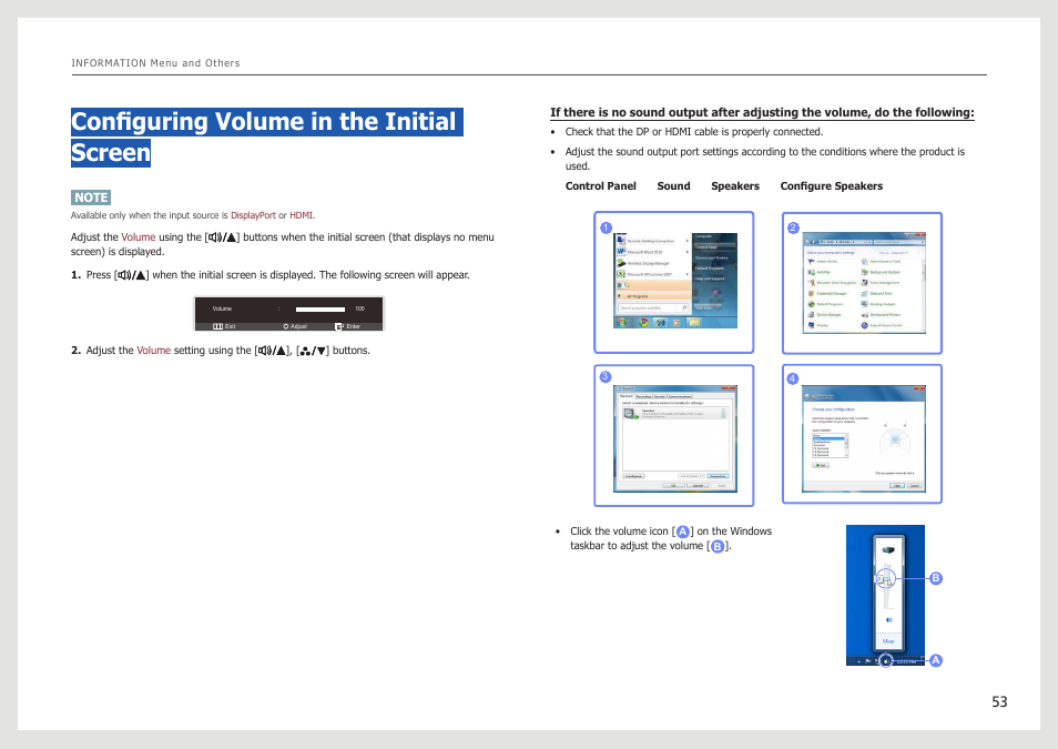 Configuring volume in the initial screen, Volume | Samsung LS27B971DS-ZA User Manual | Page 53 / 70