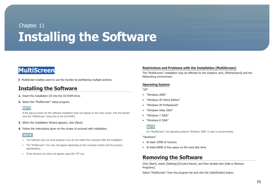 Chapter. 11, Installing the software, Multiscreen | Removing the software, Chapter. 11 installing the software | Samsung LS27B971DS-ZA User Manual | Page 55 / 70