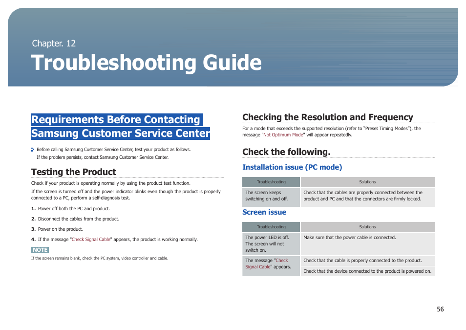 Chapter. 12, Troubleshooting guide, Testing the product | Checking the resolution and frequency, Check the following, Chapter. 12 troubleshooting guide | Samsung LS27B971DS-ZA User Manual | Page 56 / 70