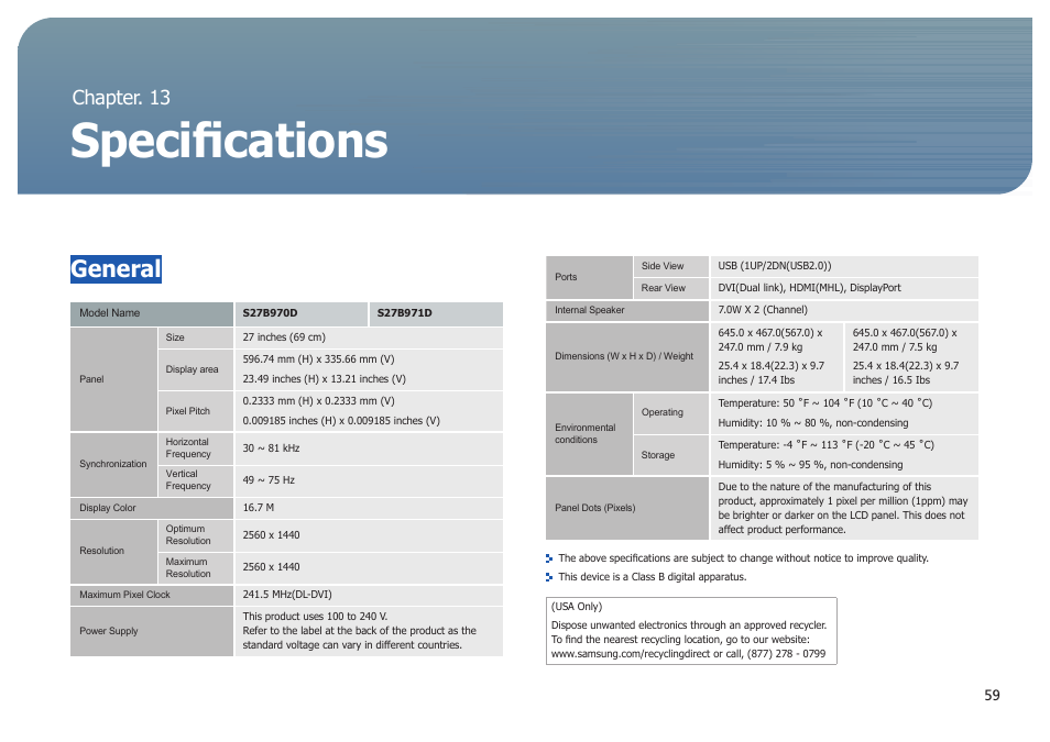 Chapter. 13, Specifications, General | Chapter. 13 specifications | Samsung LS27B971DS-ZA User Manual | Page 59 / 70