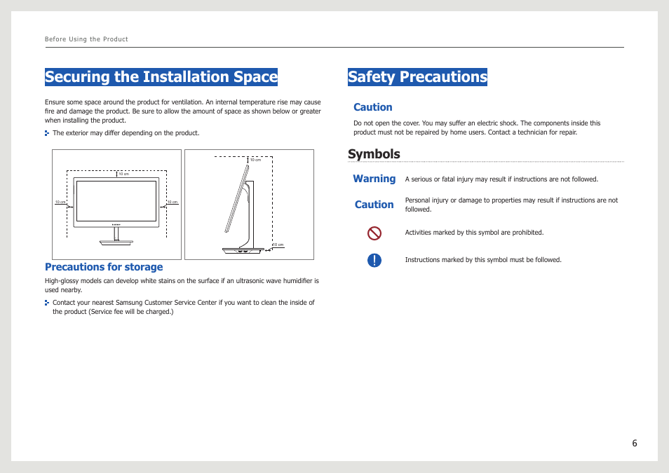 Securing the installation space, Safety precautions, Symbols | Samsung LS27B971DS-ZA User Manual | Page 6 / 70