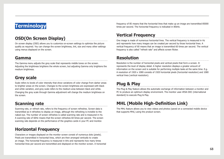 Terminology, Osd(on screen display), Gamma | Grey scale, Scanning rate, Horizontal frequency, Vertical frequency, Resolution, Plug & play, Mhl (mobile high-definition link) | Samsung LS27B971DS-ZA User Manual | Page 68 / 70