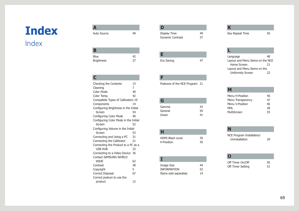 Index | Samsung LS27B971DS-ZA User Manual | Page 69 / 70