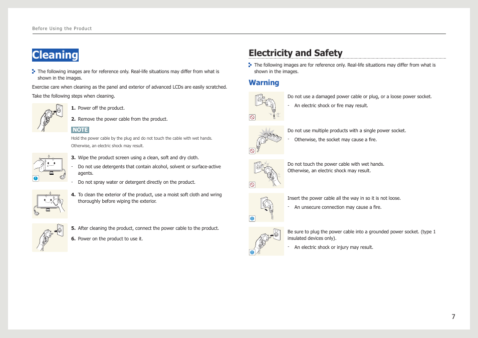 Cleaning, Electricity and safety, Warning | Samsung LS27B971DS-ZA User Manual | Page 7 / 70