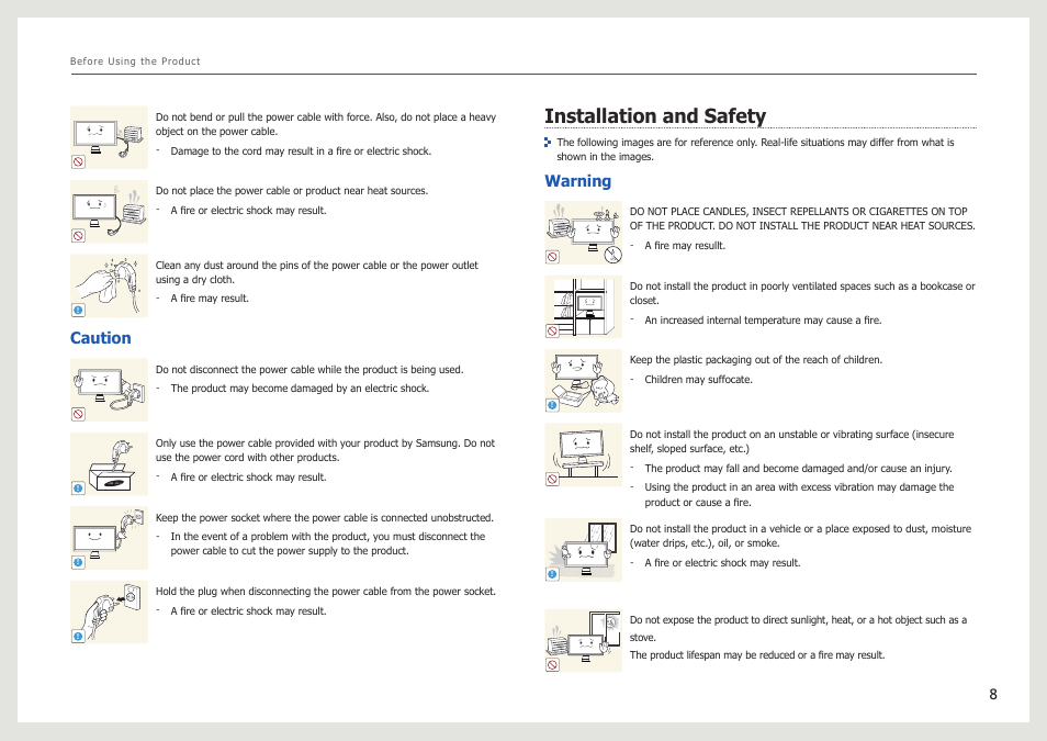 Installation and safety, Caution, Warning | Samsung LS27B971DS-ZA User Manual | Page 8 / 70