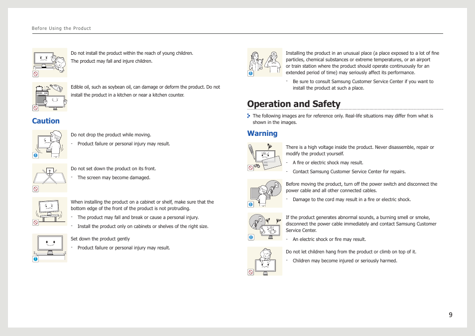 Operation and safety, Caution, Warning | Samsung LS27B971DS-ZA User Manual | Page 9 / 70