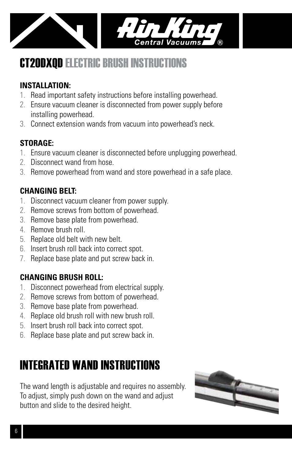 Ct20dxqd electric brush instructions, Integrated wand instructions | Air King CVS-22E User Manual | Page 6 / 12