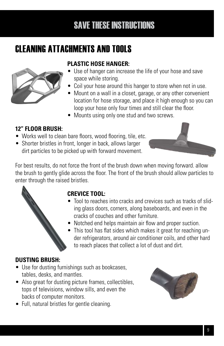Cleaning attachments and tools, Save these instructions | Air King CVS-22E User Manual | Page 9 / 12