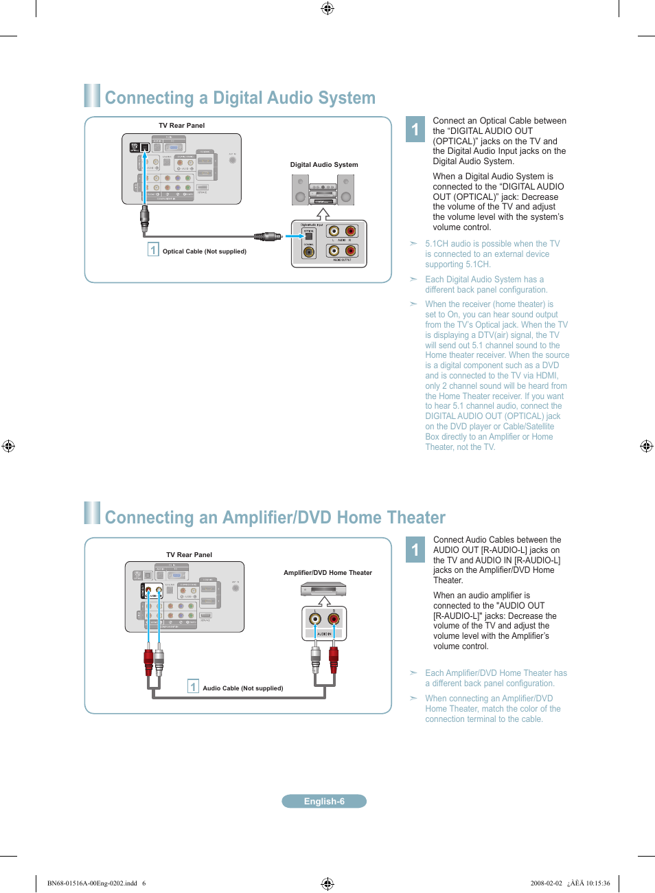 Connecting a digital audio system, Connecting an amplifier/dvd home theater | Samsung LN32A330J1XZD User Manual | Page 6 / 12