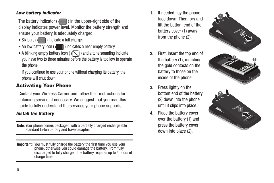 Low battery indicator, Activating your phone, Install the battery | Samsung SCH-R880MBAUSC User Manual | Page 10 / 114
