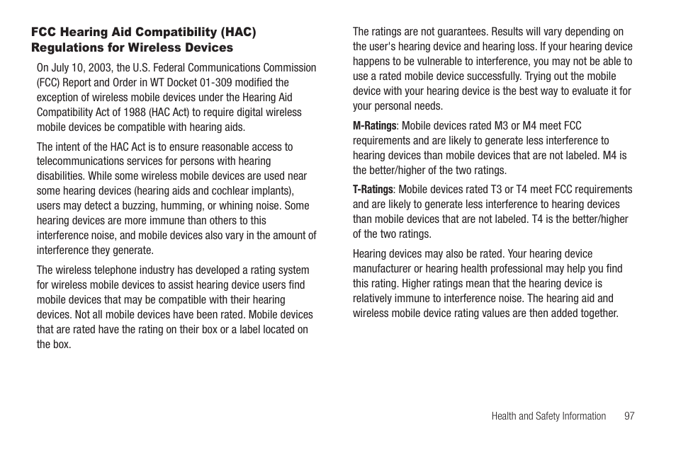 Fcc hearing aid compatibility (hac) regulations, For wireless devices | Samsung SCH-R880MBAUSC User Manual | Page 101 / 114