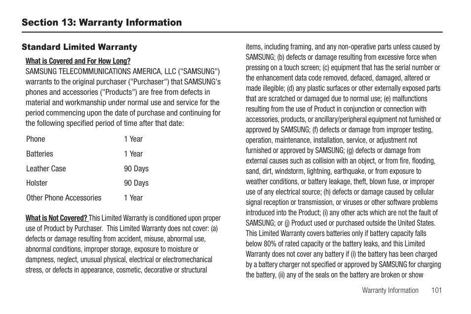 Section 13: warranty information, Standard limited warranty | Samsung SCH-R880MBAUSC User Manual | Page 105 / 114
