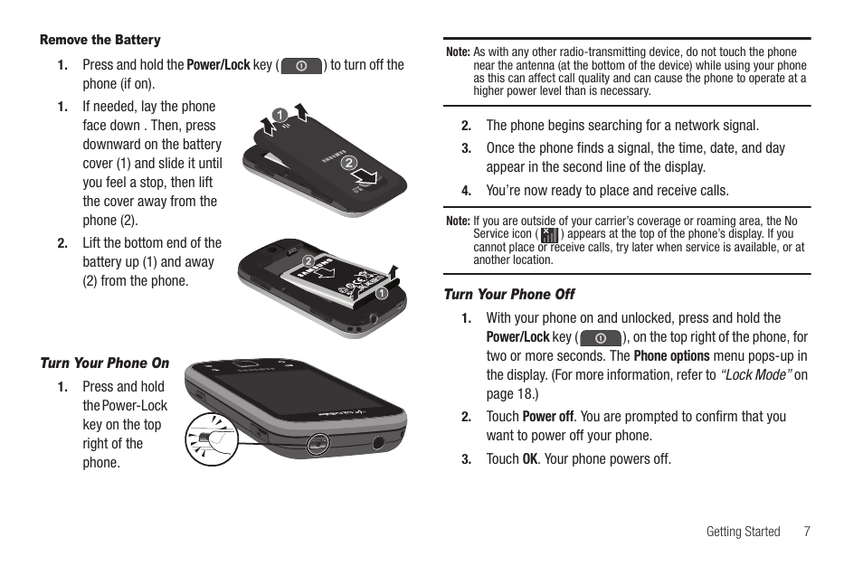 Remove the battery, Turn your phone on, Turn your phone off | Samsung SCH-R880MBAUSC User Manual | Page 11 / 114