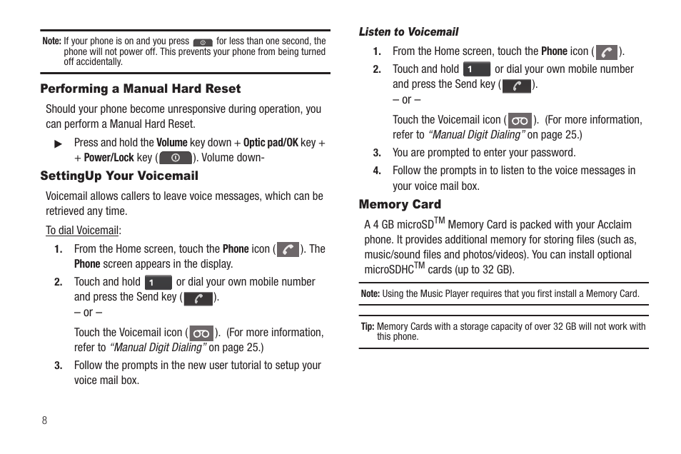 Performing a manual hard reset, Settingup your voicemail, Listen to voicemail | Memory card | Samsung SCH-R880MBAUSC User Manual | Page 12 / 114
