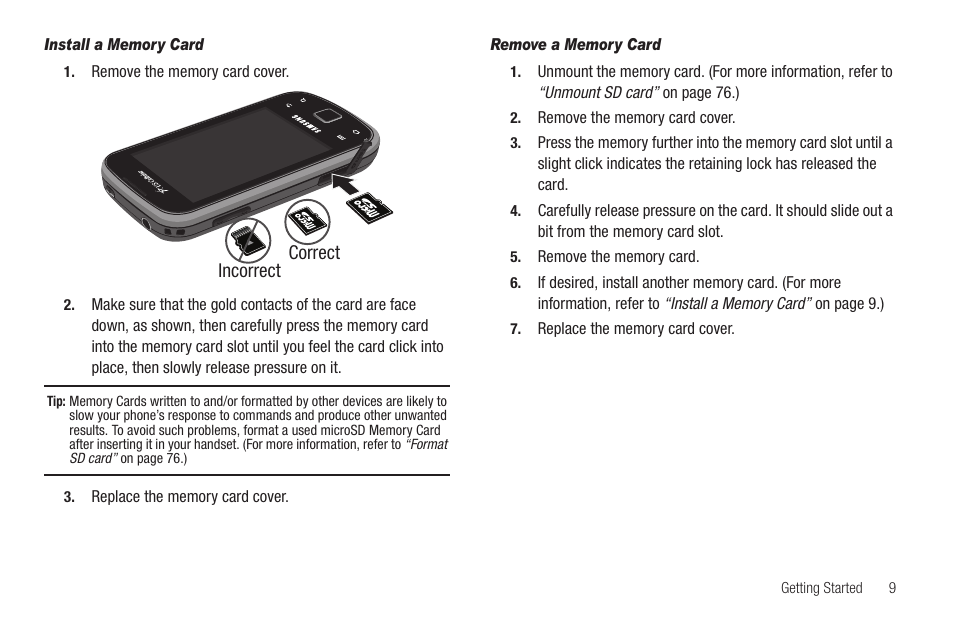 Install a memory card, Remove a memory card | Samsung SCH-R880MBAUSC User Manual | Page 13 / 114