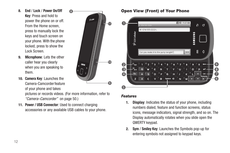 Open view (front) of your phone, Features | Samsung SCH-R880MBAUSC User Manual | Page 16 / 114