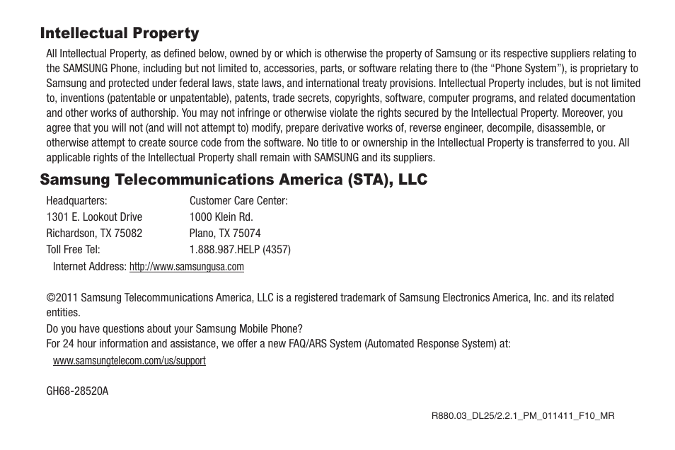 Intellectual property, Samsung telecommunications america (sta), llc | Samsung SCH-R880MBAUSC User Manual | Page 2 / 114