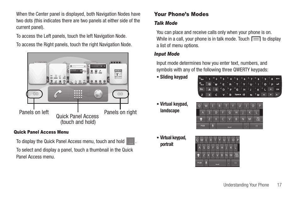 Quick panel access menu, Your phone’s modes, Talk mode | Input mode | Samsung SCH-R880MBAUSC User Manual | Page 21 / 114