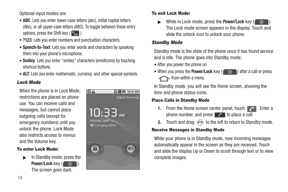 Lock mode, To enter lock mode, To exit lock mode | Standby mode, Place calls in standby mode, Receive messages in standby mode | Samsung SCH-R880MBAUSC User Manual | Page 22 / 114