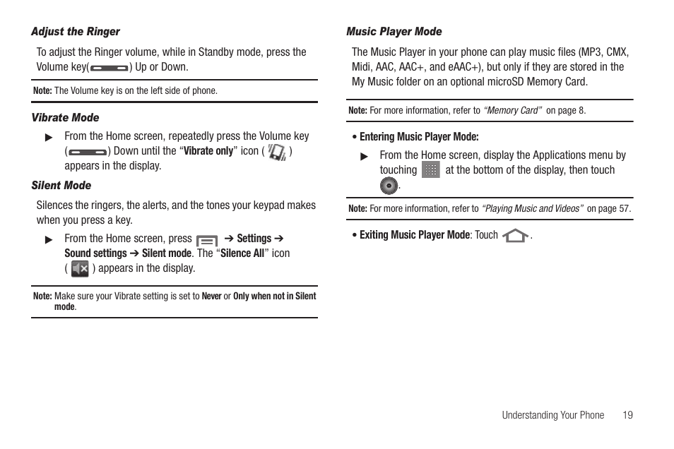 Adjust the ringer, Vibrate mode, Silent mode | Music player mode | Samsung SCH-R880MBAUSC User Manual | Page 23 / 114