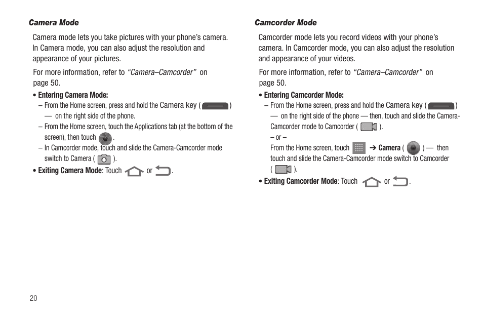 Camera mode, Camcorder mode | Samsung SCH-R880MBAUSC User Manual | Page 24 / 114