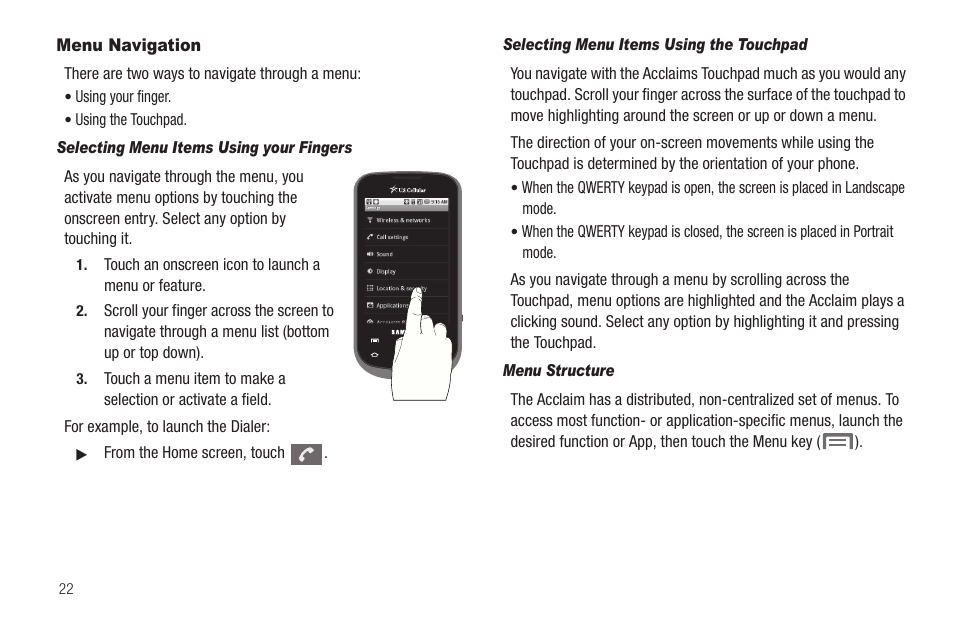 Menu navigation, Selecting menu items using your fingers, Selecting menu items using the touchpad | Menu structure | Samsung SCH-R880MBAUSC User Manual | Page 26 / 114