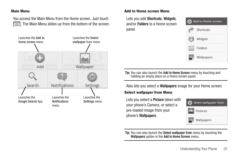 Main menu, Add to home screen menu, Select wallpaper from menu | Samsung SCH-R880MBAUSC User Manual | Page 27 / 114