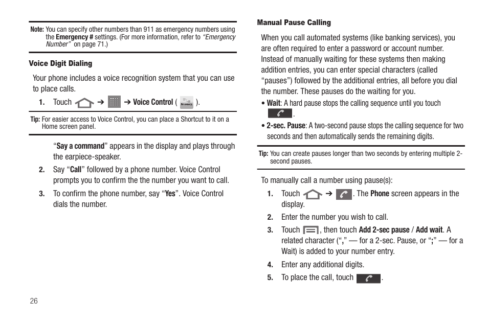 Voice digit dialing, Manual pause calling | Samsung SCH-R880MBAUSC User Manual | Page 30 / 114