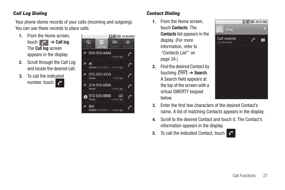 Call log dialing, Contact dialing | Samsung SCH-R880MBAUSC User Manual | Page 31 / 114