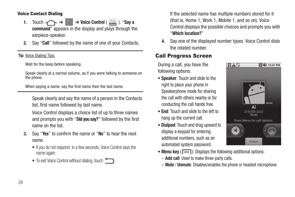 Voice contact dialing, Call progress screen | Samsung SCH-R880MBAUSC User Manual | Page 32 / 114