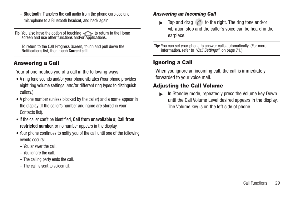 Answering a call, Answering an incoming call, Ignoring a call | Adjusting the call volume | Samsung SCH-R880MBAUSC User Manual | Page 33 / 114