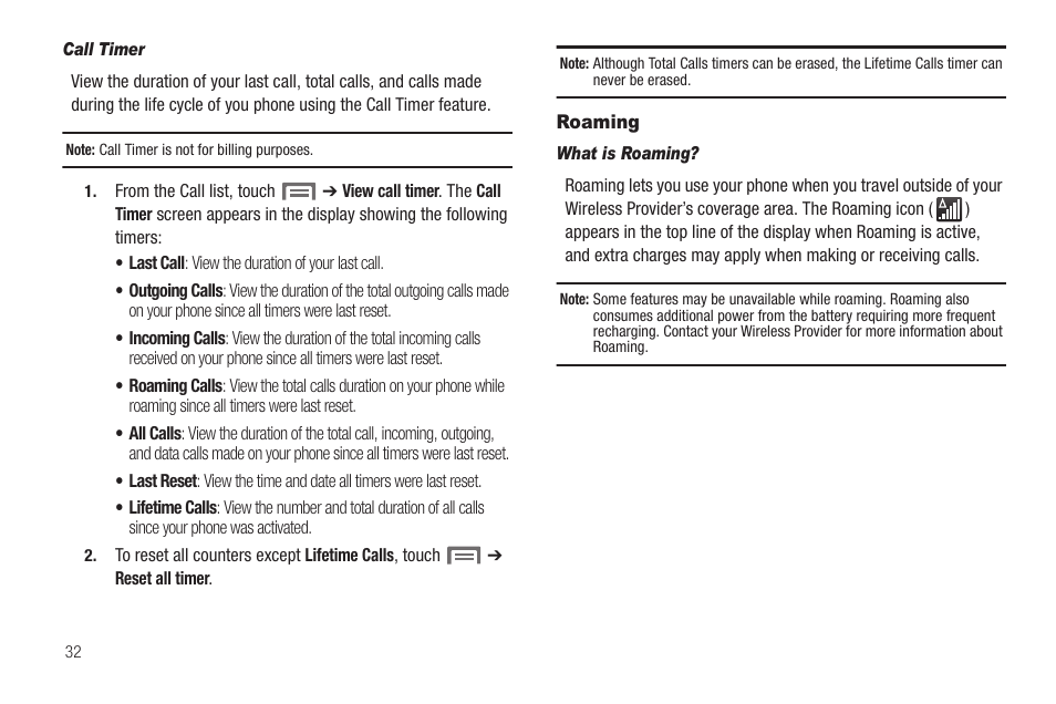 Call timer, Roaming, What is roaming | Samsung SCH-R880MBAUSC User Manual | Page 36 / 114