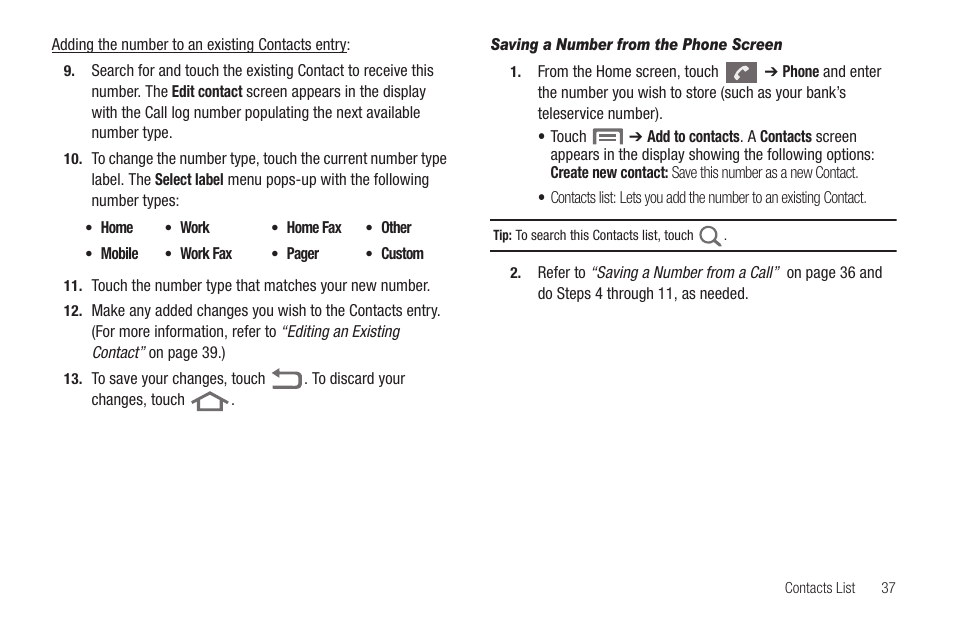 Saving a number from the phone screen | Samsung SCH-R880MBAUSC User Manual | Page 41 / 114