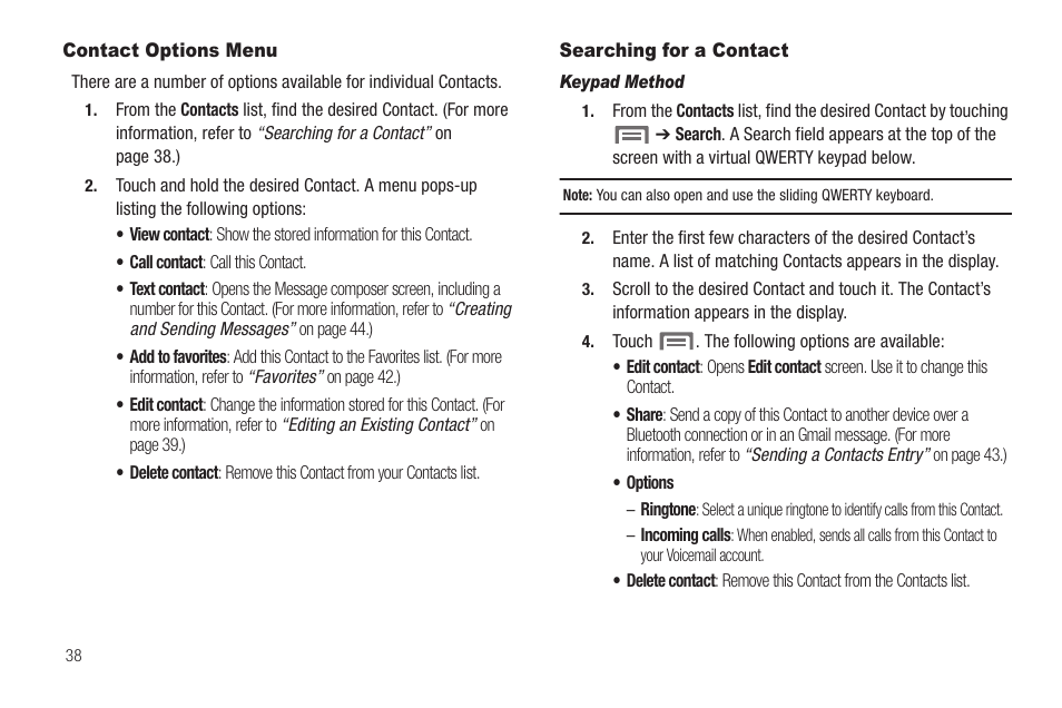 Contact options menu, Searching for a contact, Keypad method | Contact options menu searching for a contact | Samsung SCH-R880MBAUSC User Manual | Page 42 / 114