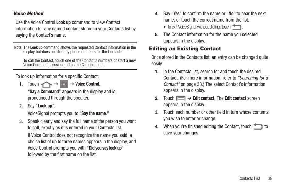 Voice method, Editing an existing contact | Samsung SCH-R880MBAUSC User Manual | Page 43 / 114