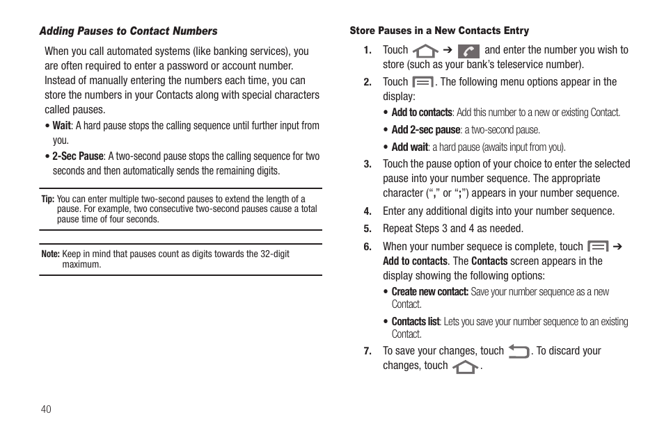 Adding pauses to contact numbers, Store pauses in a new contacts entry | Samsung SCH-R880MBAUSC User Manual | Page 44 / 114