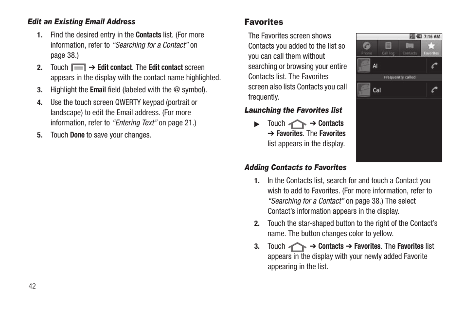 Edit an existing email address, Favorites, Launching the favorites list | Adding contacts to favorites, For more | Samsung SCH-R880MBAUSC User Manual | Page 46 / 114