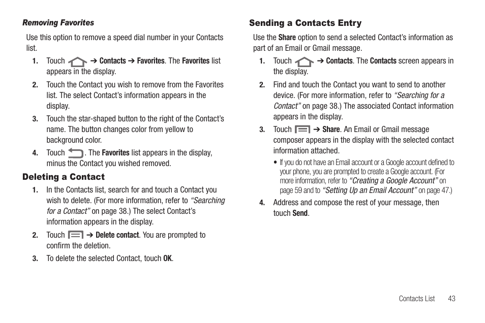 Removing favorites, Deleting a contact, Sending a contacts entry | Deleting a contact sending a contacts entry | Samsung SCH-R880MBAUSC User Manual | Page 47 / 114