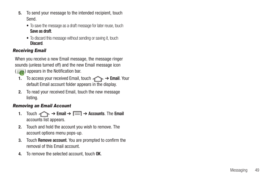 Receiving email, Removing an email account | Samsung SCH-R880MBAUSC User Manual | Page 53 / 114