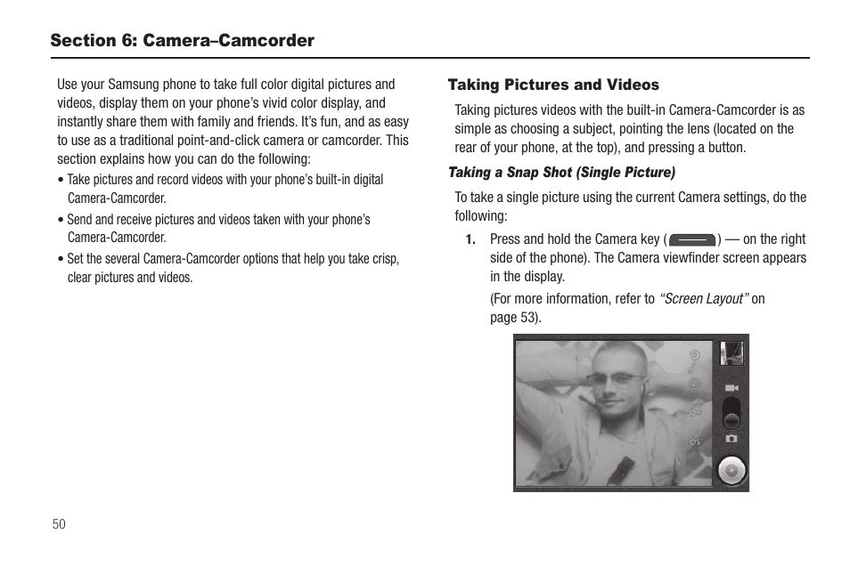 Section 6: camera–camcorder, Taking pictures and videos, Taking a snap shot (single picture) | Samsung SCH-R880MBAUSC User Manual | Page 54 / 114